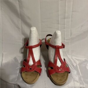 AEROSOLES Red Leather T-Strap Sandals